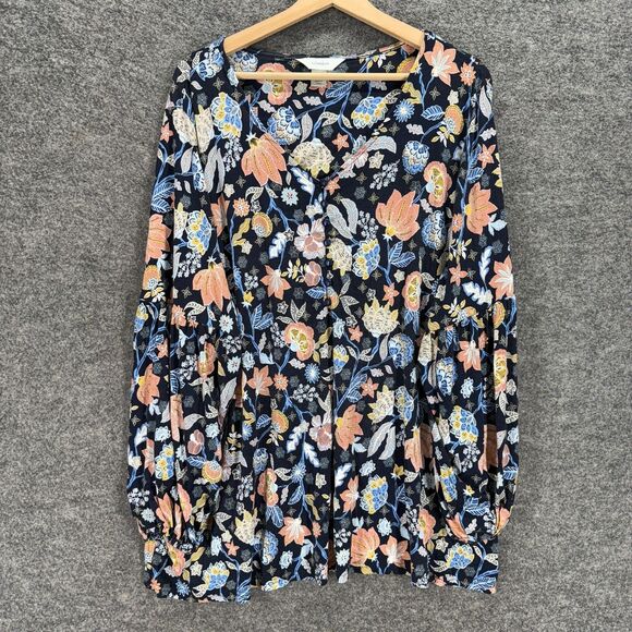CJ Tops - CJ Banks Blouse Women 3X Plus Blue Floral V-Neck 1/2 Button Long Sleeve Rayon